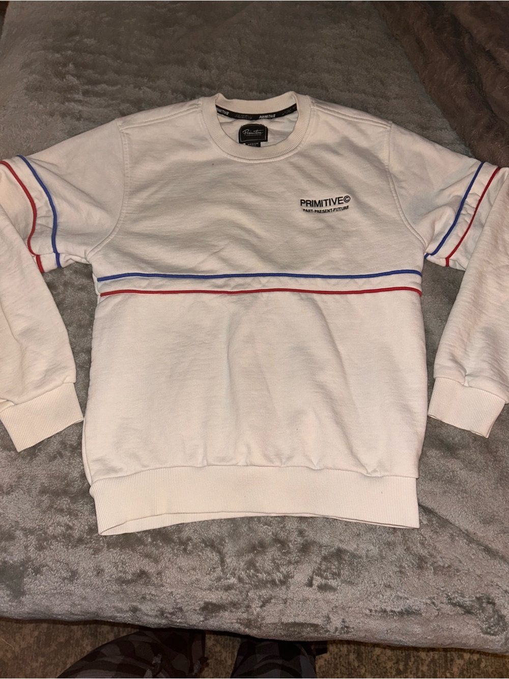Primitive Cream Crewneck Sweatshirt with Red & Blue Stripes